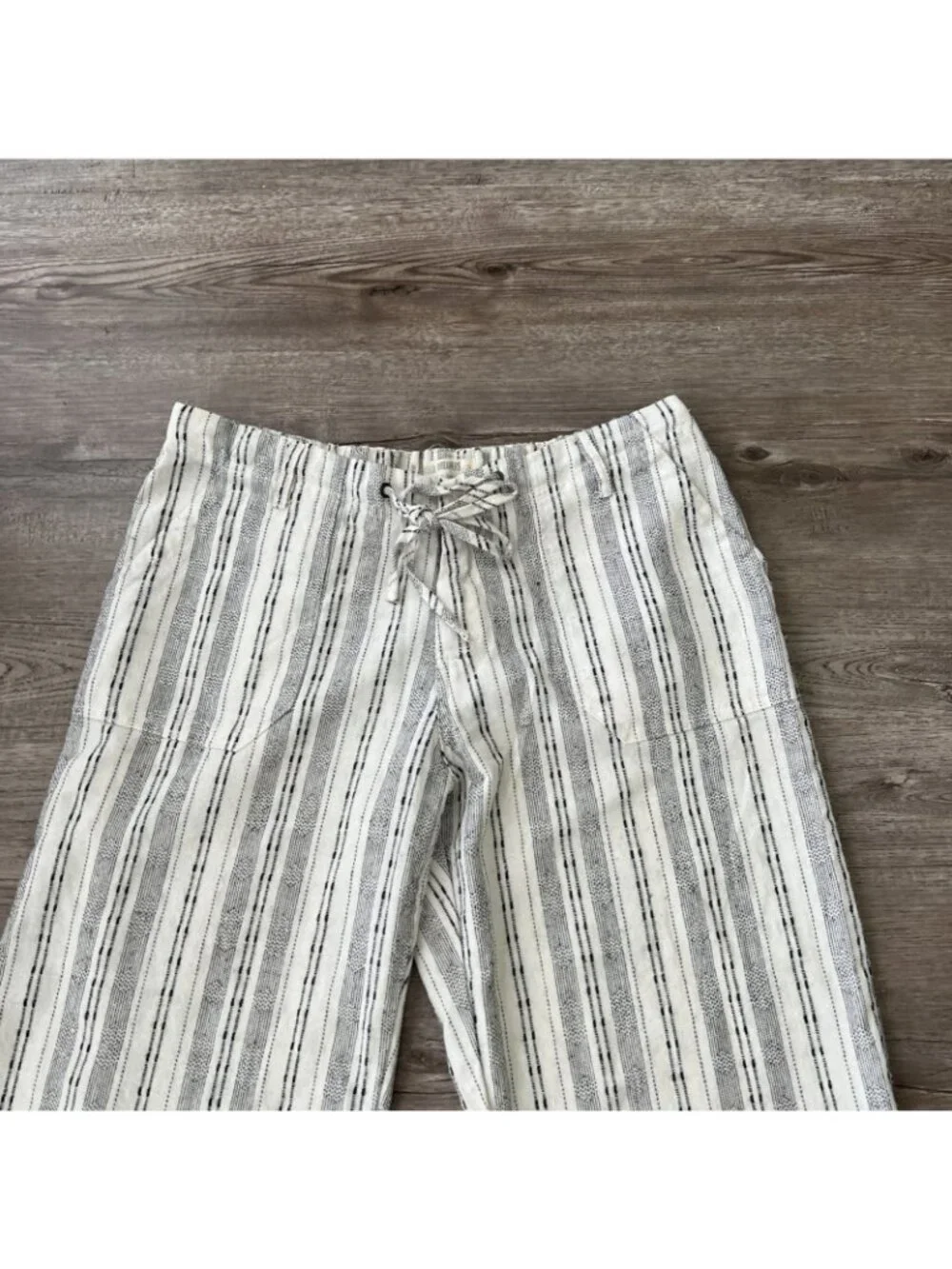 4Our Dreamers Striped Linen Blend Wide Leg Pants Womens L Cream Drawstring Coast